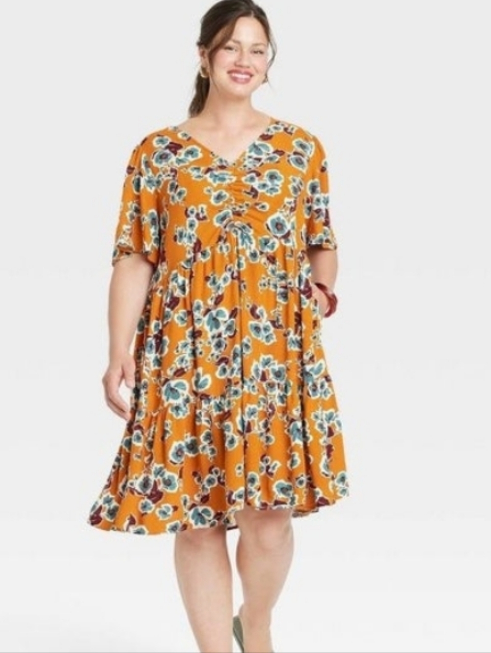 Ava & Viv Sz 4X Plus Dark Mustard Color Floral Tiered V-Neck Dress